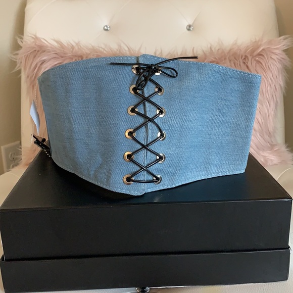 NWT Charlotte Russe Denim/Black Lace-Up Corset Bel - Picture 2 of 12